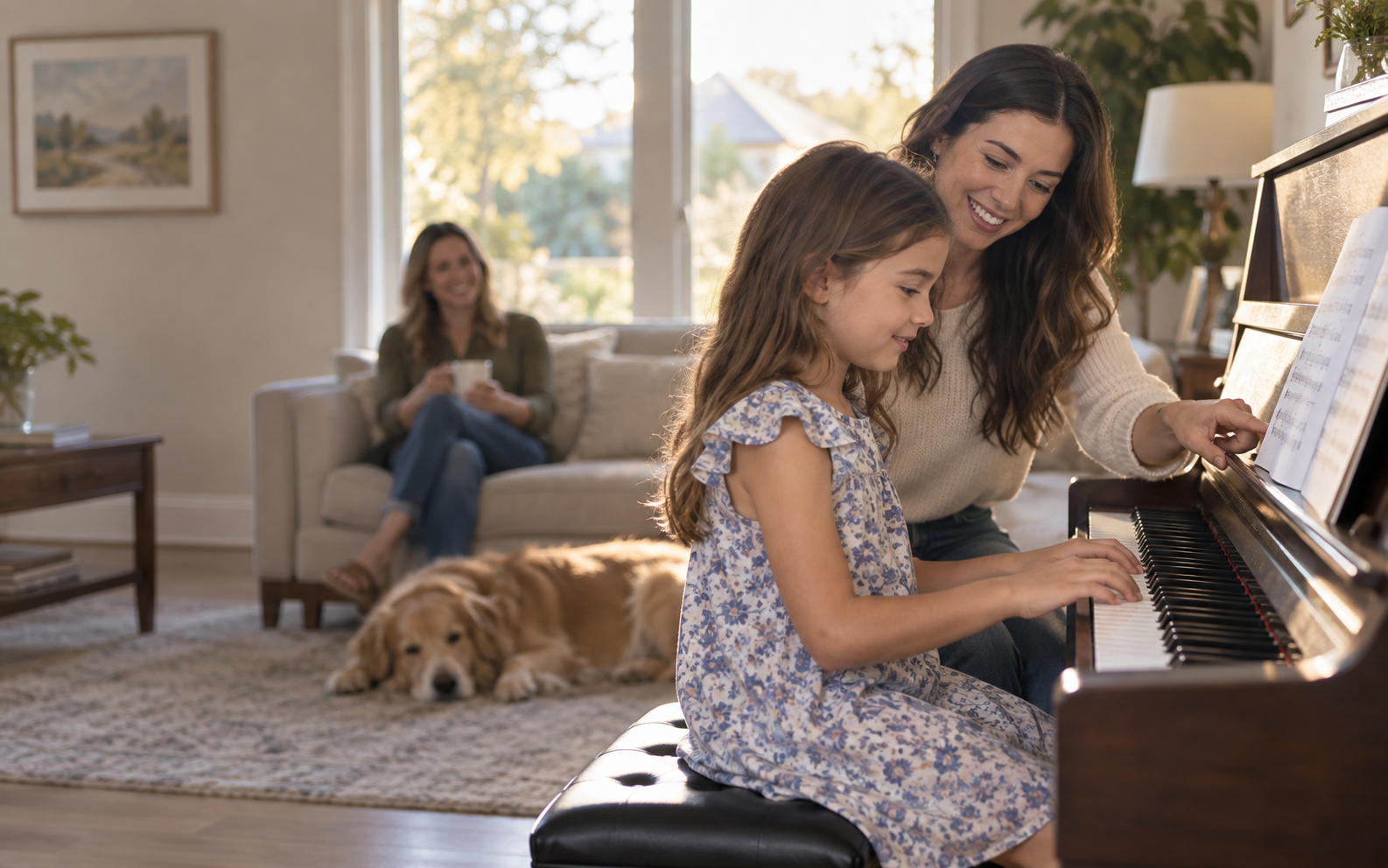 A child enjoying a piano lesson with her teacher at home